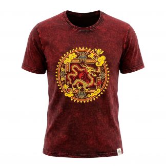 Nomad Sari Stonewashed Cotton T-Shirt - Dragon Mandala - Maroon - Medium